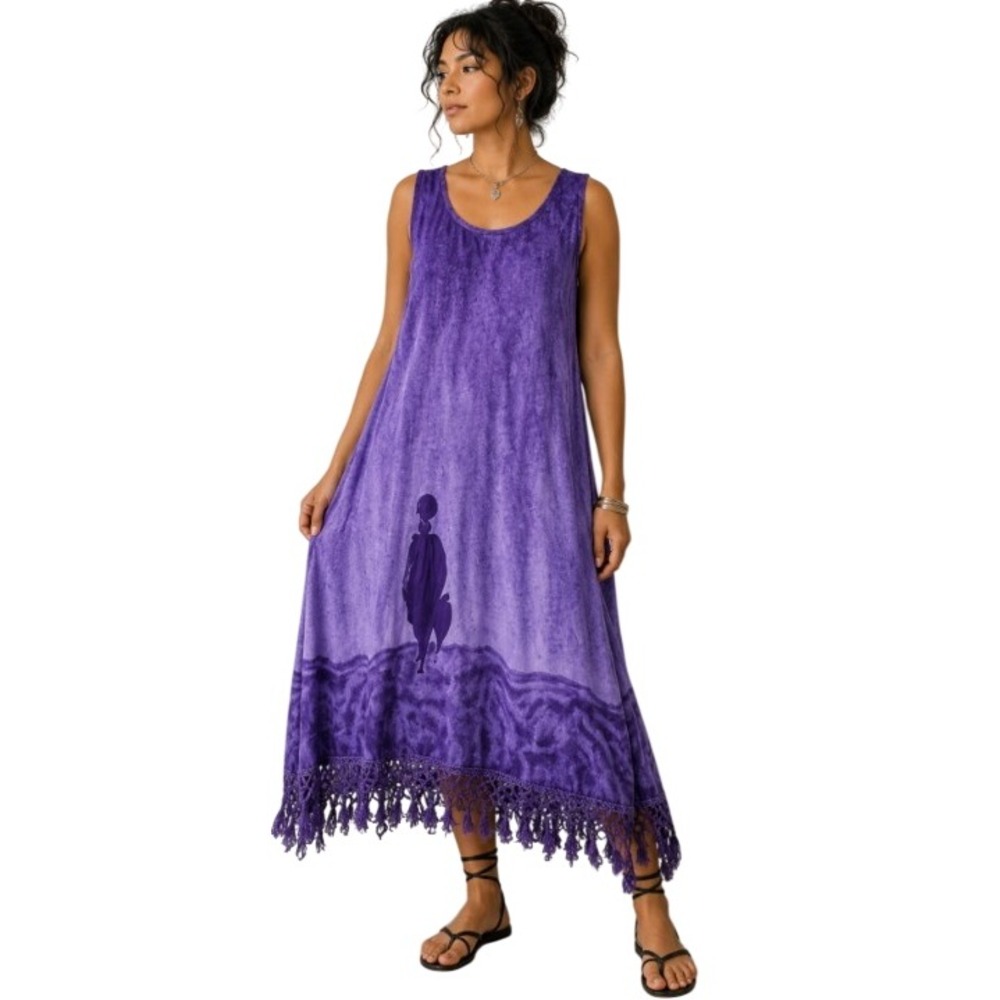 Vintage Magic Shift Dress Womens L Purple Abstract Print Fringe Hem Boho Artsy